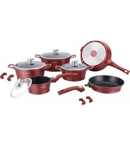 ROYALTY LINE Batterie de cuisine 14 pieces - Revetement marbre - Rouge